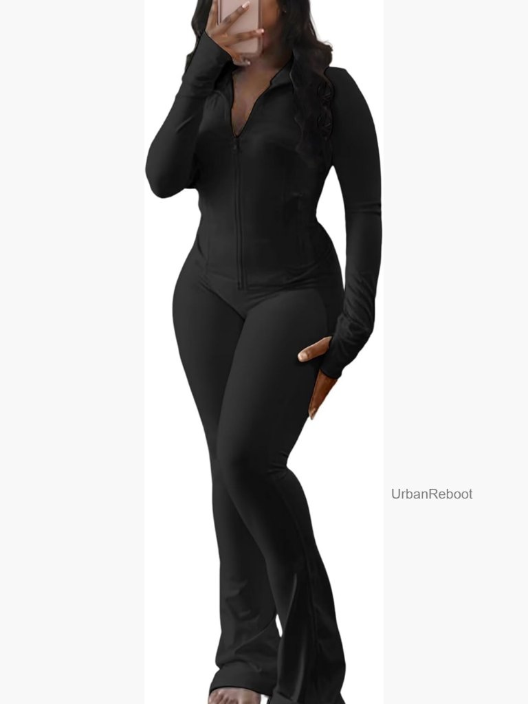 2 Piece Zip Up Jacket & Flare Legging Set With Pockets